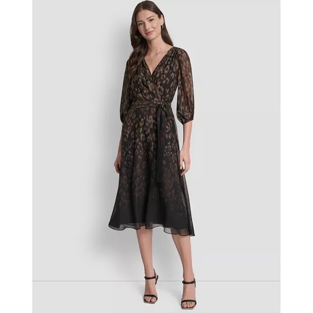 Animal Print Chiffon Midi Dress Brown Black Wrap Tie Waist Puff Sleeve V-Neck